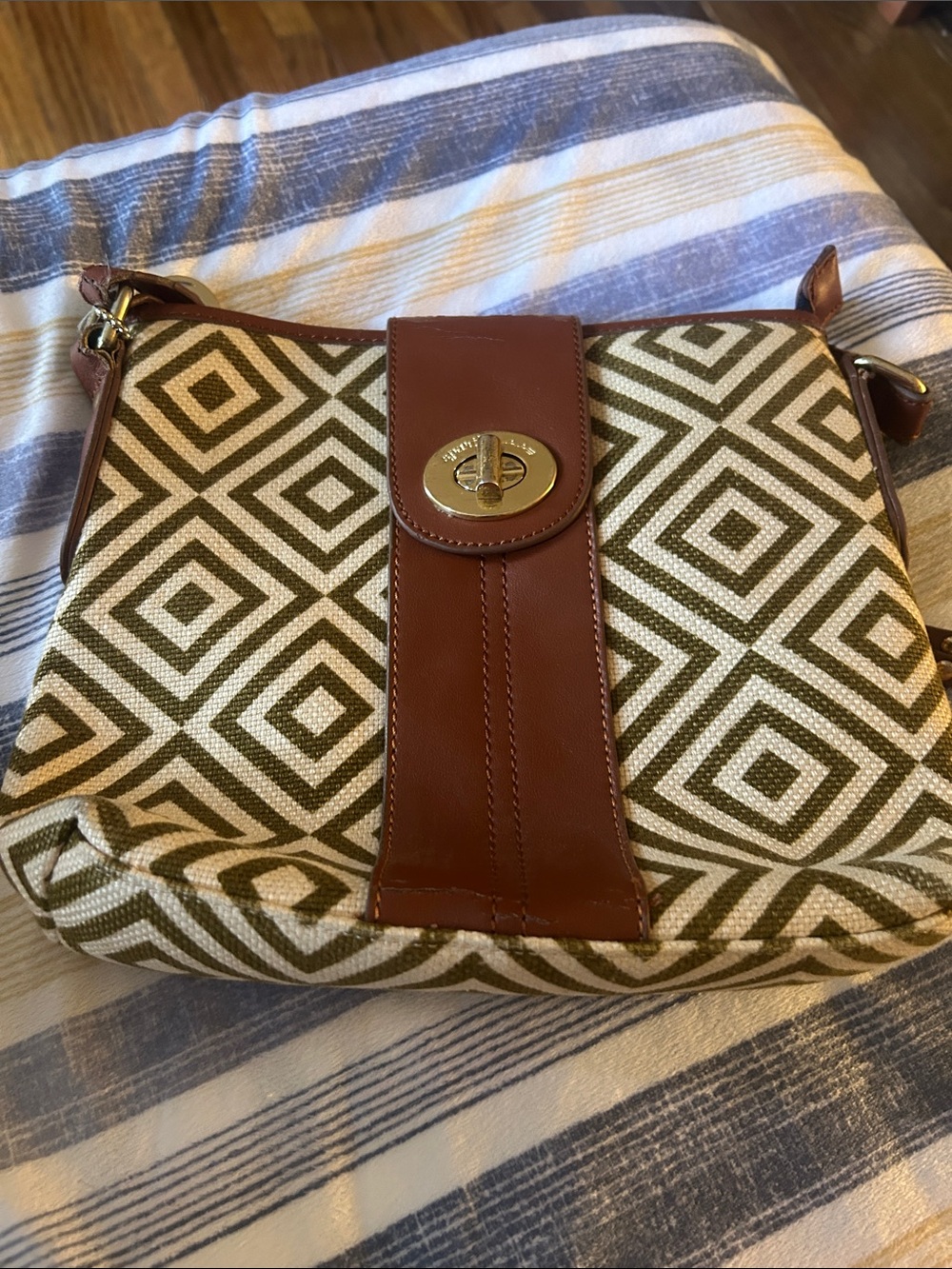 Spartina 449 Olive & Cream Geometric Canvas Crossbody with Brown Leather Trim